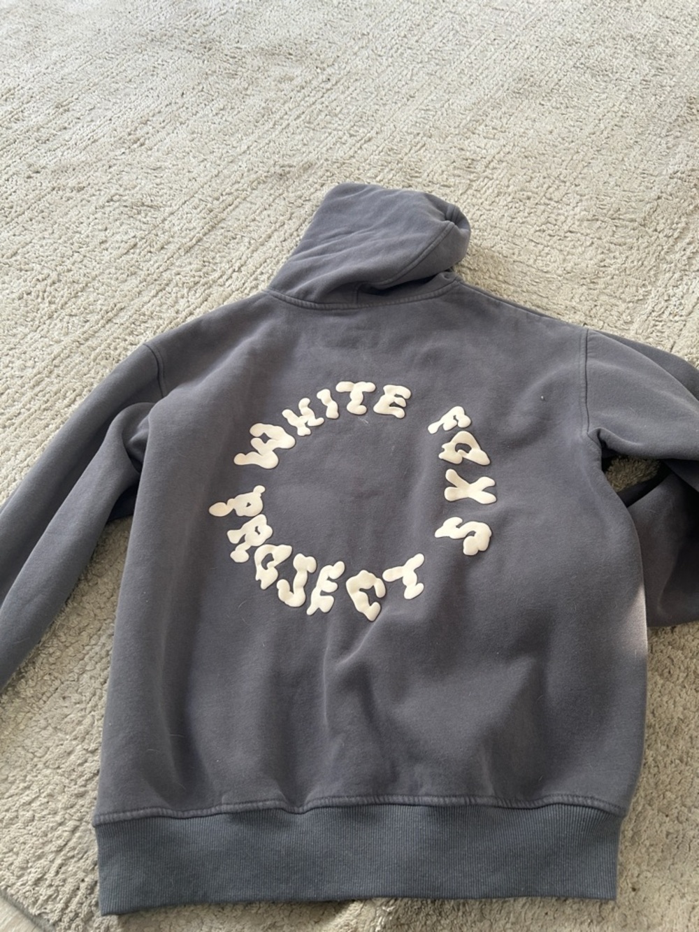 White Fox Boutique Gray Pullover Hoodie with White Circular Text